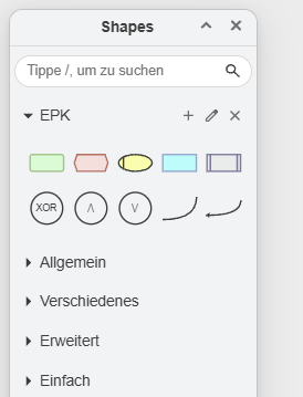 Drawio Shapes-Menü mit EPK Bibliothek