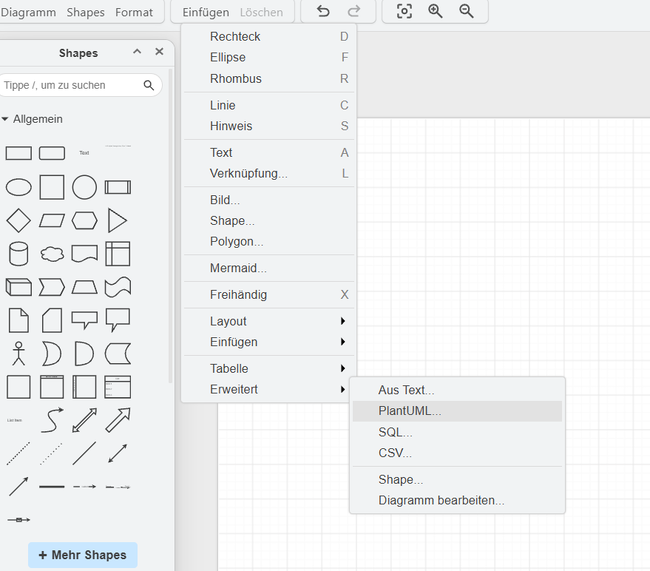 geöffneter Drawio-Editor mit ausgewähltem PlantUML Menüpunkt