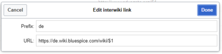 Bearbeitungsdialog für einen Interwiki-Link mit dem Präfix „de“