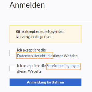 Screenshot des Login-Screens mit Checkboxen zum Akzeptieren der Datenschutz- und Nutzungsbedingungen