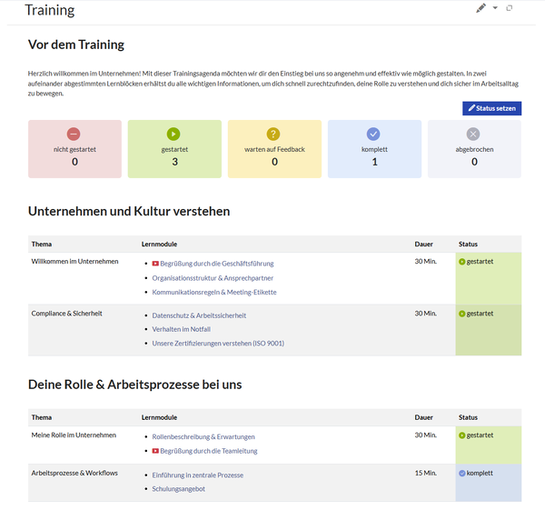 Beispiel einer Onboarding-Trainingsseite