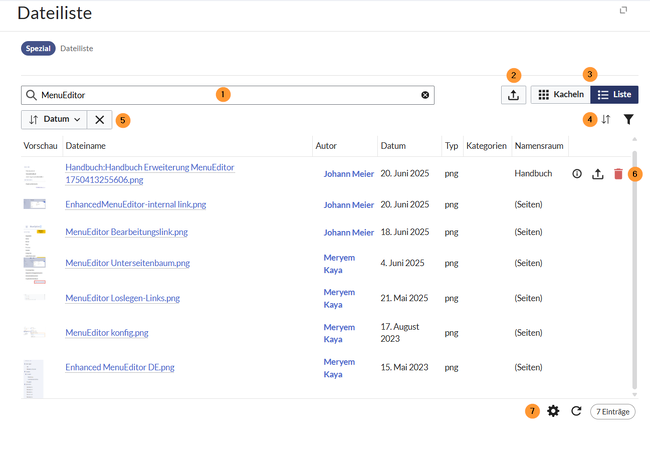 Dateiliste mit aktiven Beispielfiltern und Markierung der einzelnen Interaktionselemente.