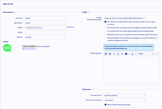 Profil-Einstellungen in easy8