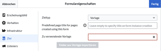 Auswahl von Vorlage als Formularziel