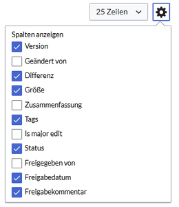 Letzte Reihen der Versionsgeschichte mit geöffnetem Spaltenmenü