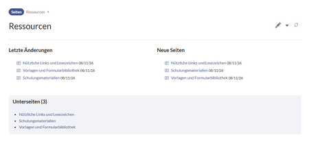 Screenshot der eingebetteten Vorlage mit Anzeige der Unterseiten