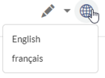 Globus-Symbol mit Untermenü-Links zu englischen und französischen Übersetzungen