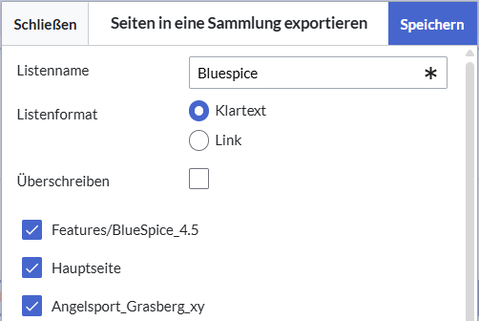 Extendedsearch-Export-Dialog mit Seitensammlung