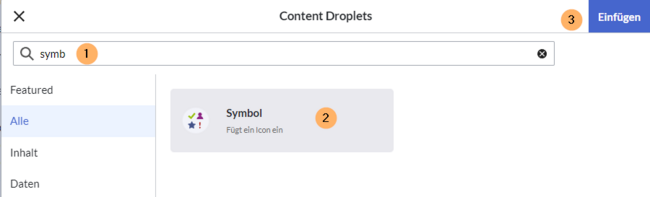 Droplet Menü mit Schritten zum Auswählen des Symbol-Droplets