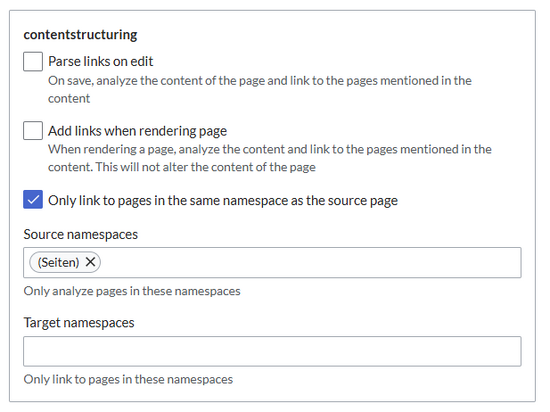 Die Standardeinstellung "Link beim Bearbeiten analysieren und der Standard Quell-Namensraum sind auf dem Screenshot abgebildet.