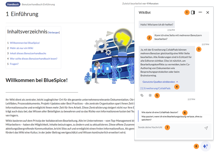 Einführungsseite des BlueSpice-Benutzerhandbuchs mit geöffnetem Chatfenster.