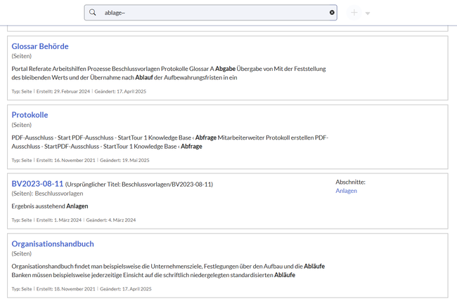 Suchcenter mit mehreren ähnlichen Ergebnissen wie "Abfrage" oder "Abläufe" zum Suchbegriff "ablage~"